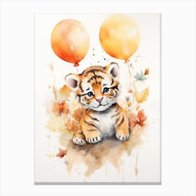 Tiger Flying With Autumn Fall Pumpkins And Balloons Watercolour Nursery 2 Canvas Print