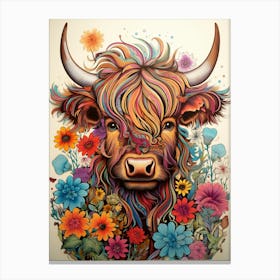 Colourful Floral Illustration Of A Highland Cow Canvas Print