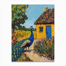 Peacock By A Thatched Cottage Textured Painting 4 Canvas Print