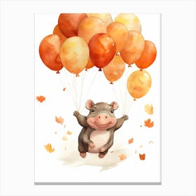 Hippopotamus Flying With Autumn Fall Pumpkins And Balloons Watercolour Nursery 4 Canvas Print