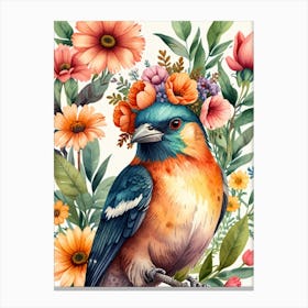 Watercolor Bird With Flowers Canvas Print