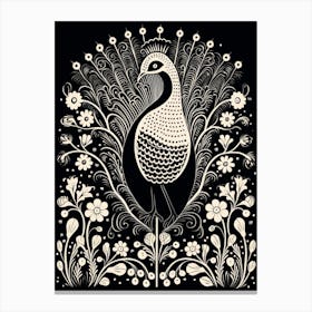 B&W Bird Linocut Peacock 2 Canvas Print