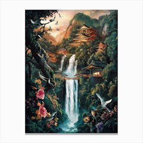 Japanese Temple in Mountain Waterfall Forest Art Painting #1 Canvas Print