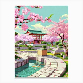 A Serene Zen Garden With Pixelated Cherry Blossoms Canvas Print