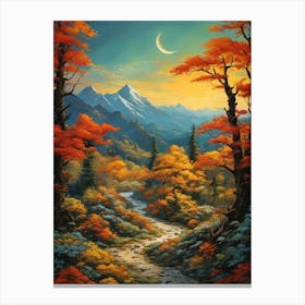 Woodland Trail Forest Outdoors Nature Moon Mountains Pathway Landscape Scene Fall Autumn Leaves Trees Foliage Path Sunset Woods Twilight Canvas Print