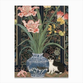Cat Sitting Beside Blue Flower Vase Canvas Print