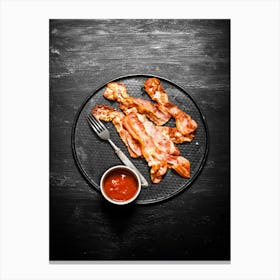 Fried bacon, tomato sauce — Food kitchen poster/blackboard, photo art Canvas Print