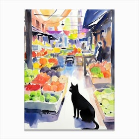 Food Market With Cats In Brooklyn 2 Watercolour Canvas Print