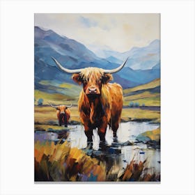 Brushstroke Style Highland Cows In The Valley Canvas Print