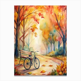 A Cozy Autumn Scene With A Bicycle Parked Near A Canvas Print