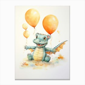 Crocodile Flying With Autumn Fall Pumpkins And Balloons Watercolour Nursery 2 Canvas Print