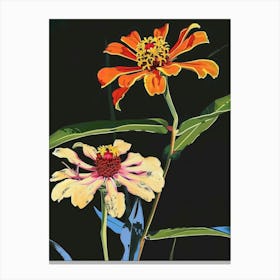 Neon Flowers On Black Zinnia 4 Canvas Print