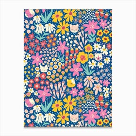 Happy Cats Hiding in the Flower Field - Yellow, Red, Pink on Blue Kids Canvas Print