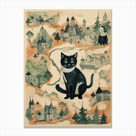 Black Cats With White Scarves & Medieval Forest  Canvas Print