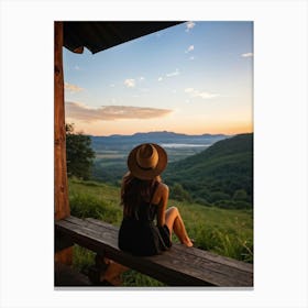 Woman Exuding A Sense Of Freedom While Sitting On A Wooden Porch Overlooking A Vast Hill And Sky Th (6) Canvas Print