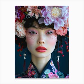 Asian Beauty with peonies Canvas Print