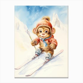 Monkey Painting Skiing Watercolour 1 Canvas Print