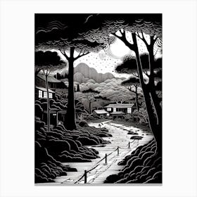 Koya San In Wakayama, Ukiyo E Black And White Line Art Drawing 3 Canvas Print