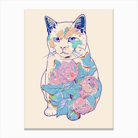 Cute American Shorthair Cat With Flowers Illustration 1 Canvas Print
