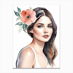 Floral Woman Portrait Watercolor Painting (3) Canvas Print