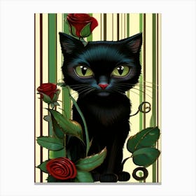 Black Cat With Roses Canvas Print