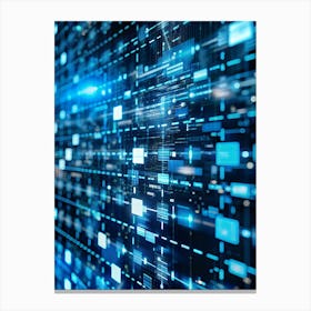 A Close Up Abstract View Of A Grid Of Glowing Blue Lines, Squares, And Binary Code, Representing Data Processing And Technology Canvas Print