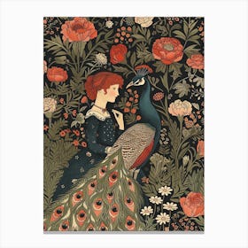 Floral Peacock With Red Haired Woman Vintage Wallpaper Inspired 2 Canvas Print