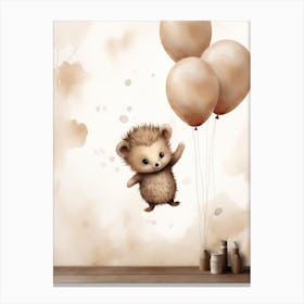 Baby Hedgehog Flying With Ballons, Watercolour Nursery Art 1 Canvas Print