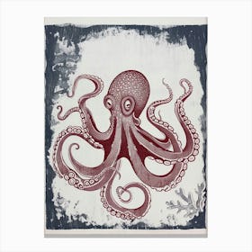 Octopus Linocut Style With Aqua Marine Plants 8 Canvas Print