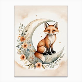 Floral Cute Fox Watercolor Moon Paining (32) Canvas Print