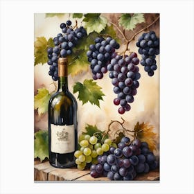 Vines,Black Grapes And Wine Bottles Painting (29) Canvas Print