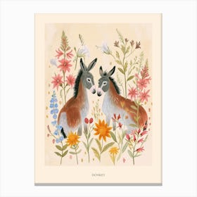 Folksy Floral Animal Drawing Donkey Poster Canvas Print