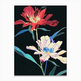 Neon Flowers On Black Peony 1 Canvas Print