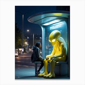 Yellow Alien Exhibiting Signs Of Friendliness Seated At A Bus Stop Tentacles Displaying A Relaxed Canvas Print