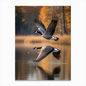 Canadian Goose Mid Flight Over A Serene Lake Reflection Shimmering On The Waters Surface Autumn (1) Canvas Print