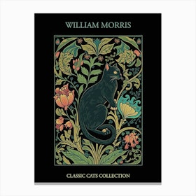 William Morris  Inspired Cats Collection Black Background Green Leaves Canvas Print