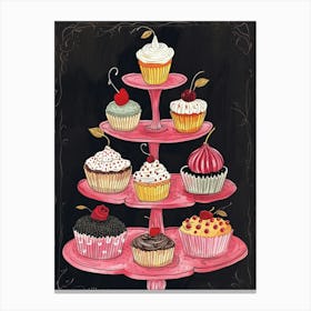 Cute Detailed Line Drawing Of Pink Cupcakes Canvas Print