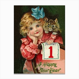 Little Girl With A Cat Wish You A Happy New Year Canvas Print