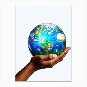 A Human Hand Cradling A Delicate Transparent Globe With Vibrant Countries And Teeming Blue Oceans S Canvas Print