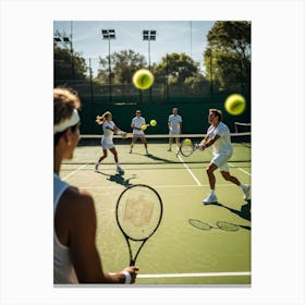 An Energetic Tennis Match In Progress At An Outdoor Courts Players Lobbing Yellow Tennis Balls With (5) Canvas Print