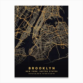 Brooklyn New York USA Black And Gold Map Canvas Print