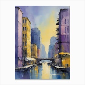 Colored Painting Of A Cityscape,Indigo And Yellow,Purple (19) Canvas Print
