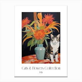 Cats & Flowers Collection Lily Flower Vase And A Cat, A Painting In The Style Of Matisse 2 Canvas Print