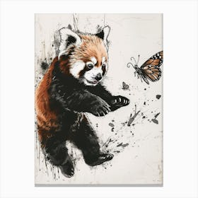 Red Panda Cub Chasing After A Butterfly Ink Illustration 3 Canvas Print