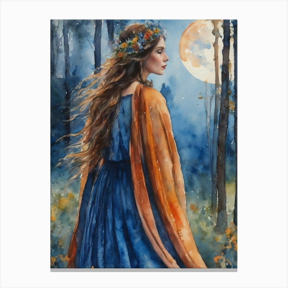 Moon Goddess - Beautiful Moon Maiden Woman - Witchy Art By Lyra the Lavender Witch - Autumn Flowers Full Moon Witch Pagan Witchcore Cottagecore Forest
