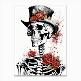 Floral Skeleton With Hat Ink Painting (8) Canvas Print