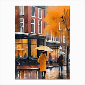 Amsterdam cafes, autumn season, rain, autumn oil colours.Faded colours,People passing on the street, winter clothes, rain umbrellas.6 2 Lienzo