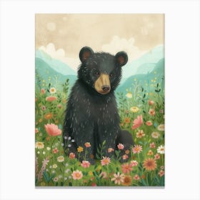 American Black Bear Cub In A Field Of Flowers Storybook Illustration 3 Canvas Print