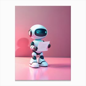 White Robot With Blue Eyes Standing And Holding A Document Against A Pink Background Canvas Print