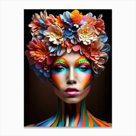 Woman With Bright Make Up And Flowers Crown Canvas Print